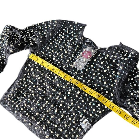 Honey Hot & Delicious Long Sleeve Pearl Rhinestone Sheer Crop Top, Black, Size S - Picture 3 of 8